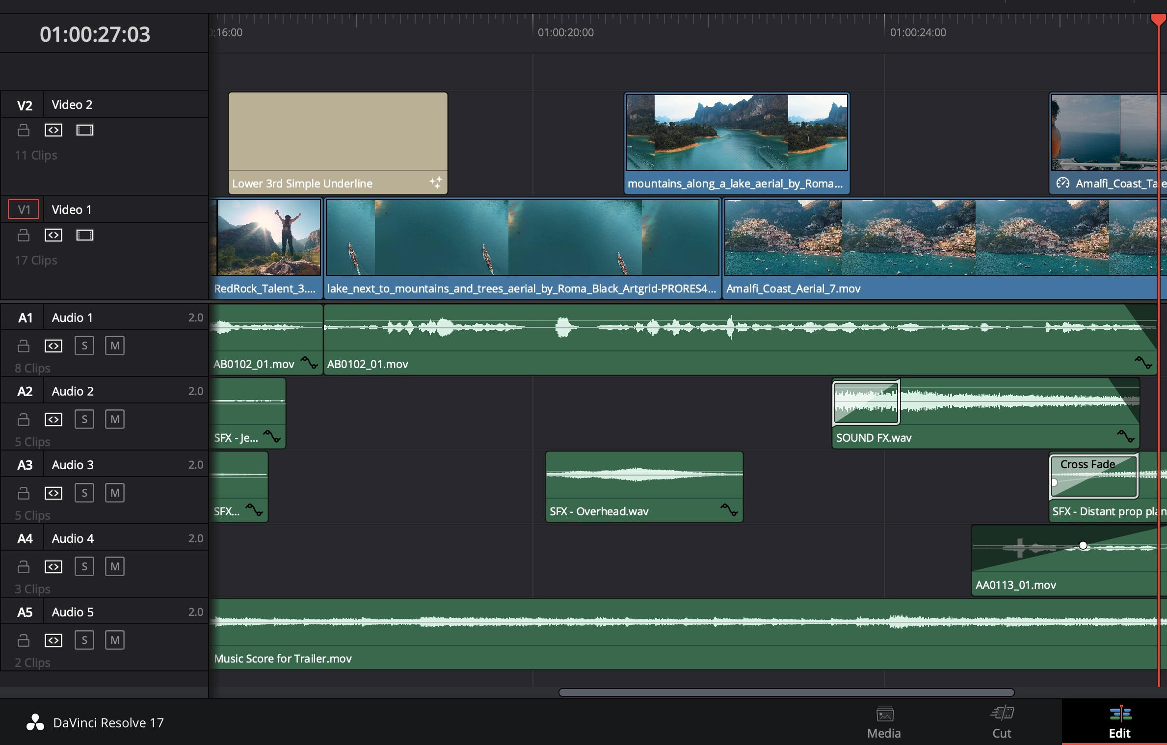 Resolve Studio editing software. Video editing timeline.